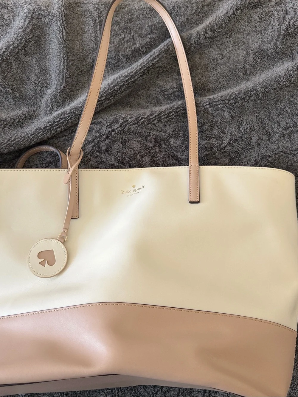 kate spade Cream and Tan Two-Tone Leather Tote with Spade Charm